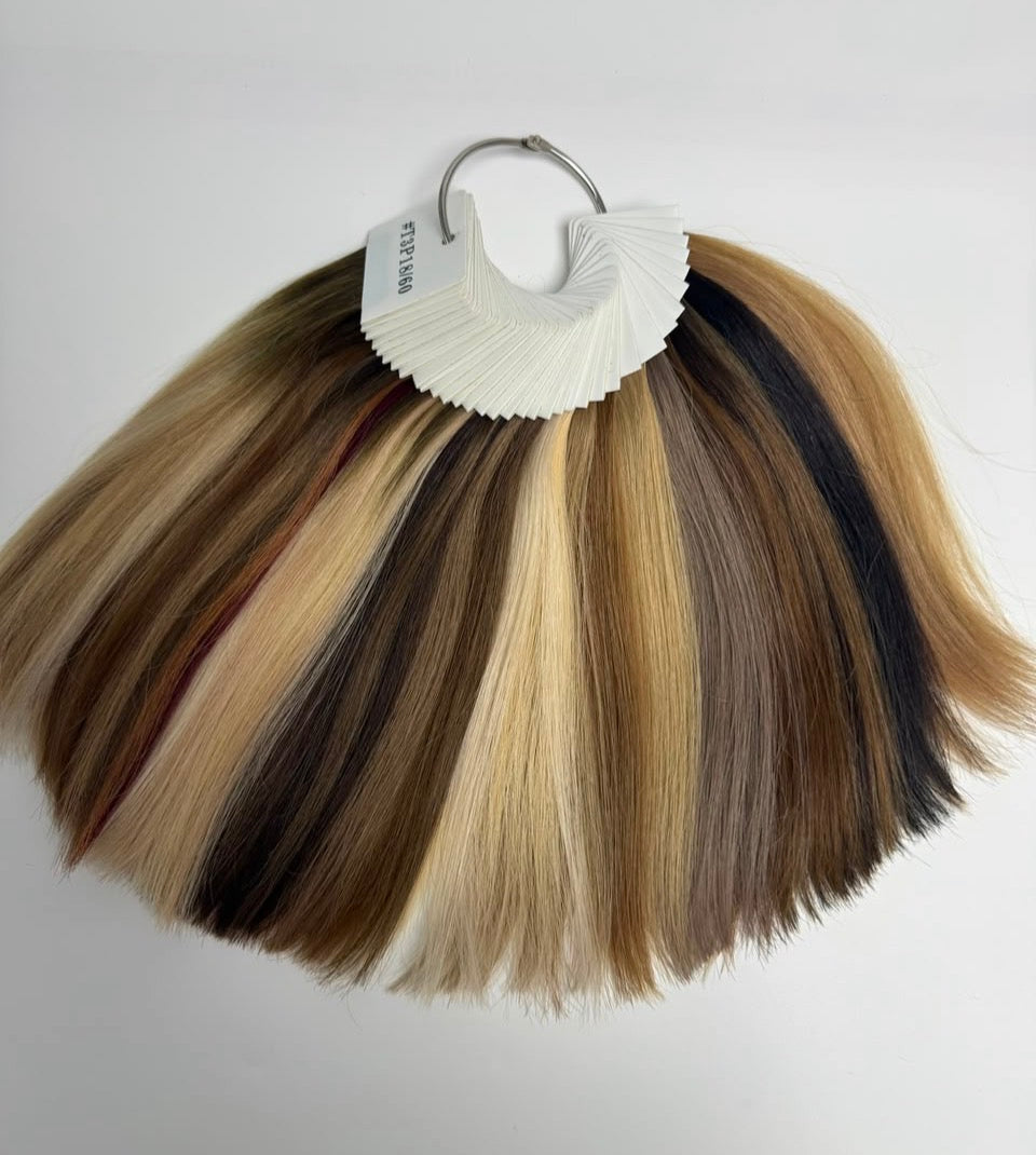 QOGH colour ring with real hair swatches in every shade fanned on a metal ring